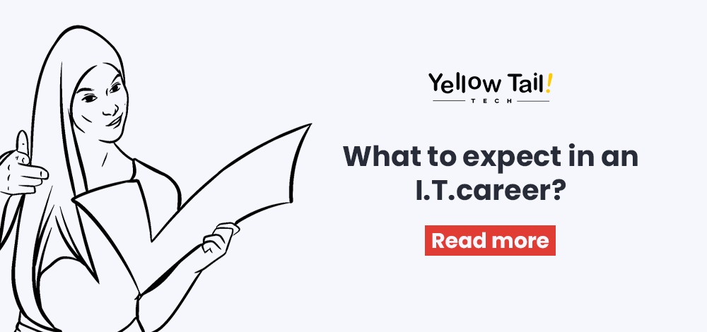 Yellow Tail Tech ad with text: 'What to expect in an IT career?' and 'Read more' button.
