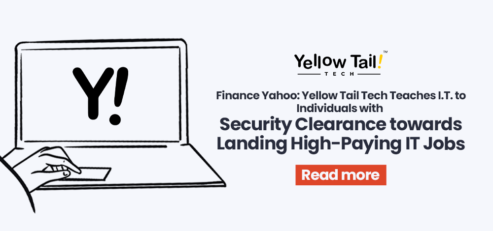 Graphic promoting Yellow Tail Tech's IT training for high-paying jobs with security clearance. Read more button.