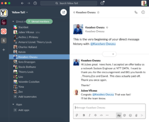 A screenshot of Kwadwo Owusu's message announcing that he accepted a job offer