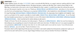A screenshot of Adebi Akobi's message announcing that he received a new role with Red Hat Inc. as support engineer