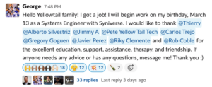 A screenshot of George Sikalo's message announcing that he will start a new role as Systems Engineer