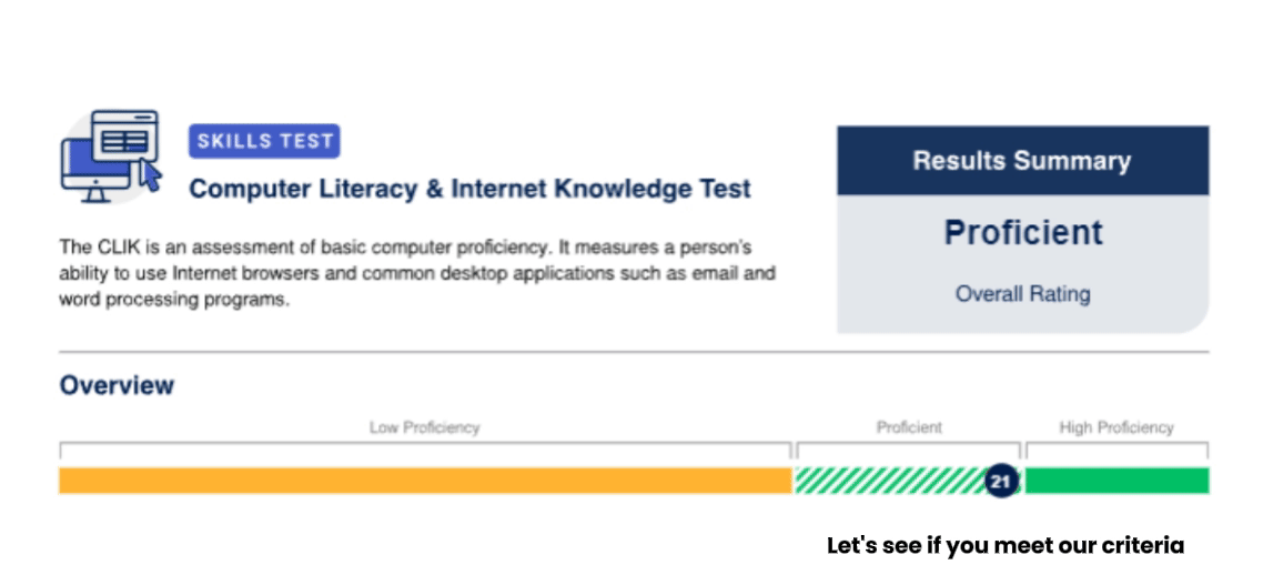 Computer Literacy & Internet Knowledge Test results: Proficient, showcasing assessment of basic computer skills.