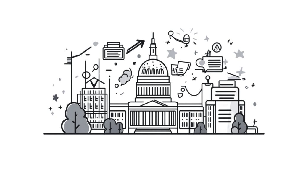 Illustration of a government building with icons of communication and technology around it on a white background.