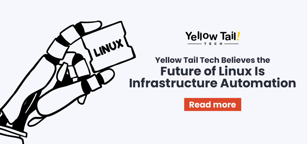 Robotic hand holding a Linux card, promoting Yellow Tail Tech's vision on infrastructure automation